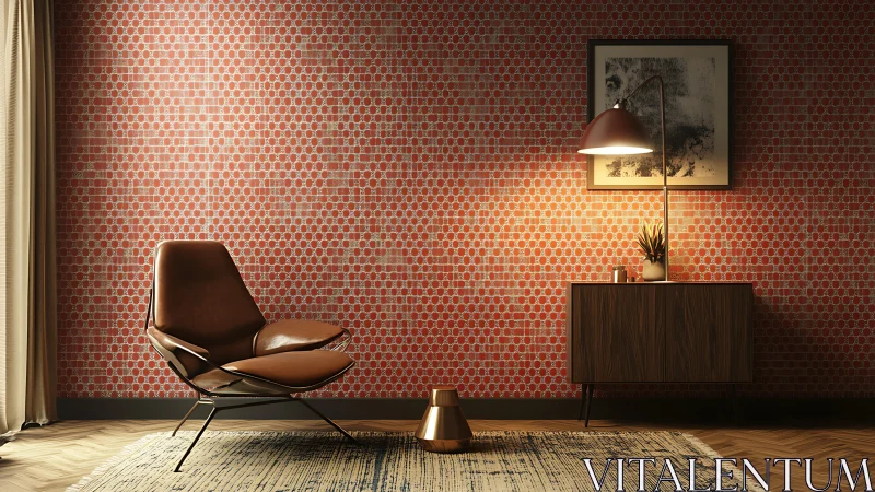 Mid-century lounge corner glows against patterned red wall