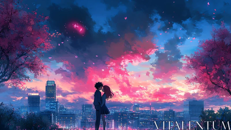 Sunset city skyline with anime couple under pink clouds.