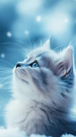 Ethereal White Cat with Piercing Blue Eyes Against Dreamy Sky.