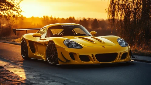 Golden hour embraces a sleek yellow sports car on a quiet road