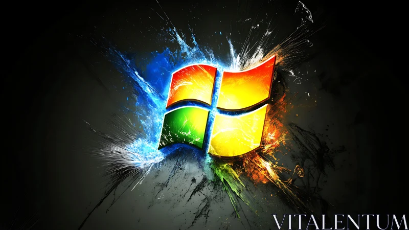 Windows logo explodes through dark space in neon shards.