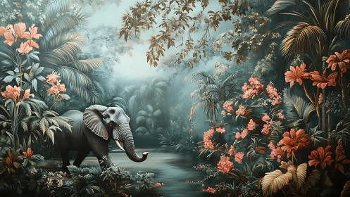 Elephant stands in misty jungle grove with coral blooms.