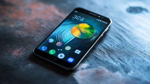 Modern smartphone on textured surface under shallow depth of field