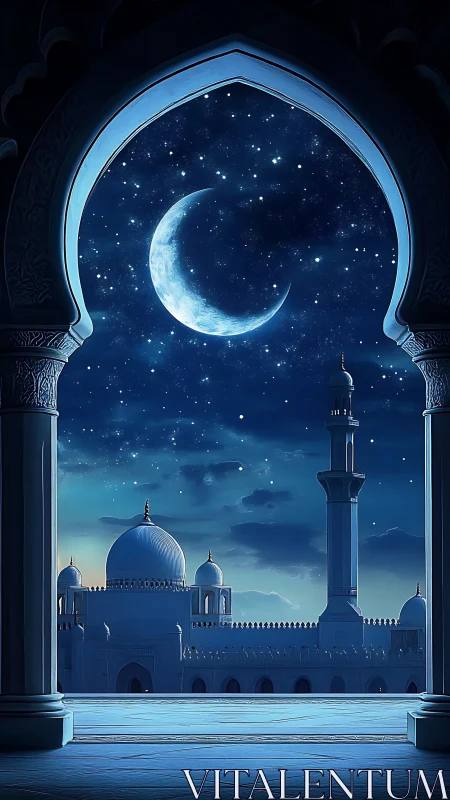 Crescent moon over mosque framed by ornate archway.
