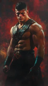 Battle-scarred gladiator warrior in molten ember backlight