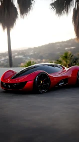 Futuristic red supercar glides along a coastal boulevard.