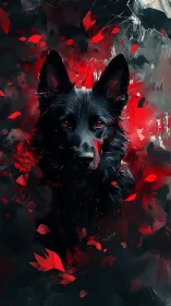 Midnight canine portrait within red abstract paint vortex