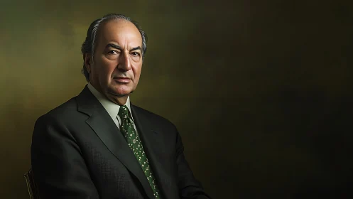 Stoic gentleman in olive suit beneath painterly shadows.