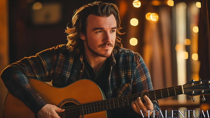 Male guitarist indoors with acoustic instrument and warm lights.