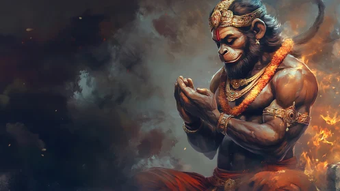 Divine warrior kneels in blazing clouds of devotion and power