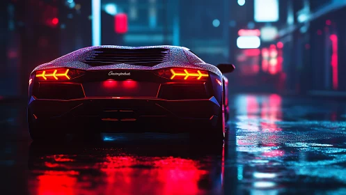 Rear view sports car on wet neon lit city street at night.