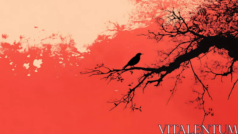 Silhouette bird on branch against red gradient sky.
