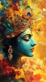 Peacock crowned dream goddess in swirling cosmic pigments.