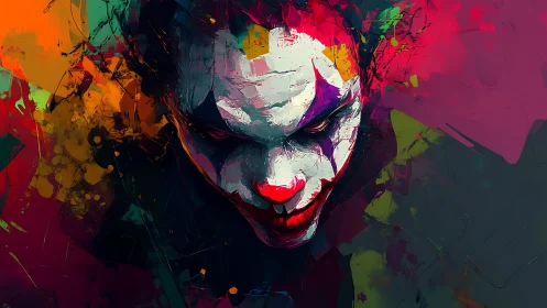 Neon chaos clown descends from a storm of shattered color.