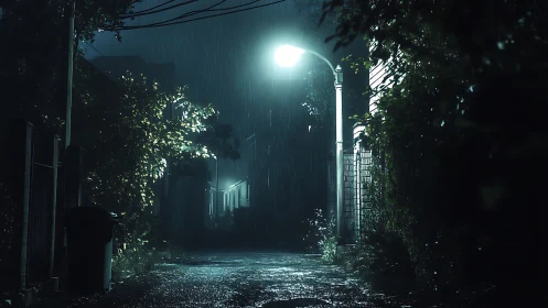 Rain soaked alley under single glowing street lamp.