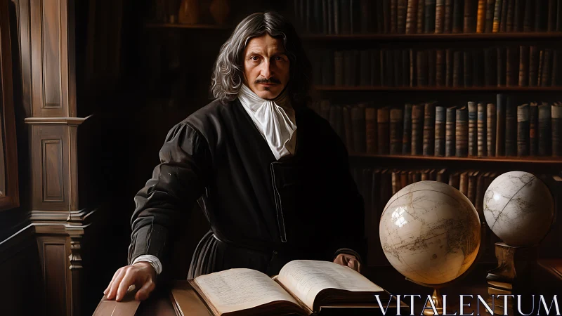 Baroque scholar portrait amid globes and library interior.