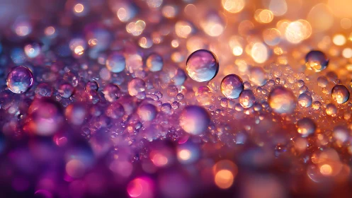 Macro view of water droplets with multicolor bokeh light.