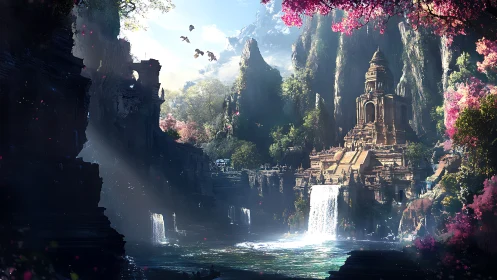 Sunlit terraced temple above twin waterfalls in lush canyon