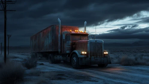 Rusty semi truck rumbles through a moody desert night