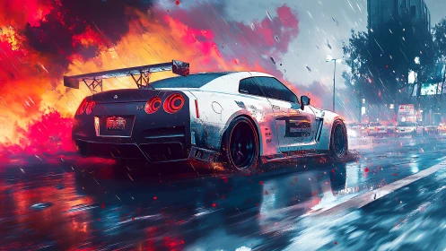 Rain-soaked street racer accelerates through neon firestorm