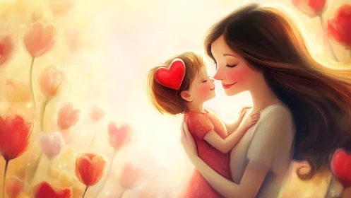 Woman and Child in Flower Field with Heart Imagery