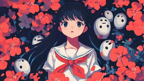 Anime schoolgirl portrait in floral surreal composition.