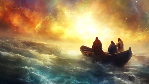 Storm lit pilgrims drift toward a blazing horizon of fire