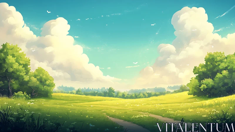 Digital painting pastoral meadow under towering cumulus clouds.