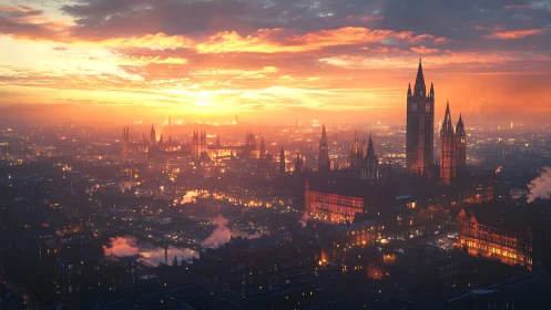 Sunset over neo-Gothic riverside skyline with glowing haze