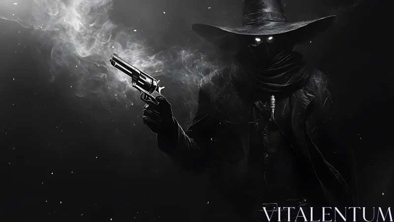 Gun-slinging shadow wraith with glowing eyes in smoke-filled void.