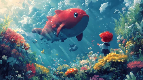 Gentle red whale and curious child in a dreamlike reef.