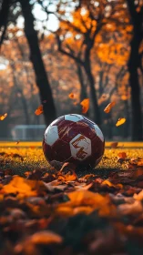 Autumn match ball on leaf-strewn pitch in warm backlight.