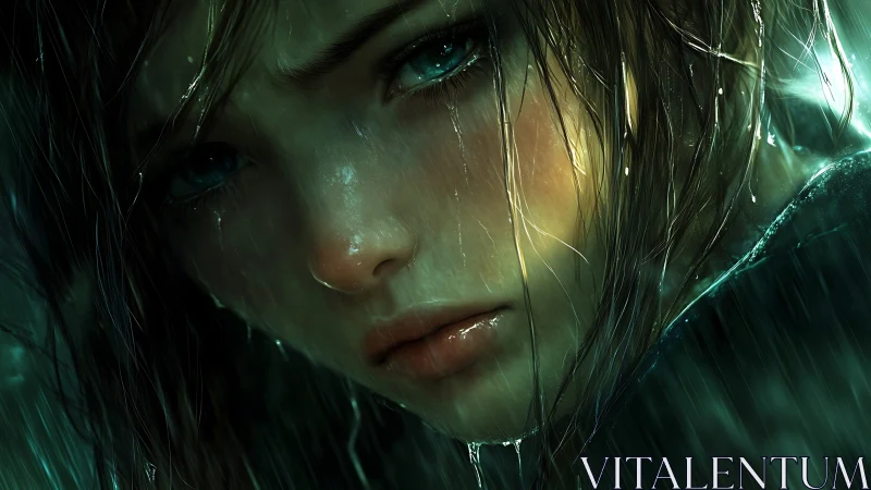 Wet-haired girl stares into camera under heavy green rain