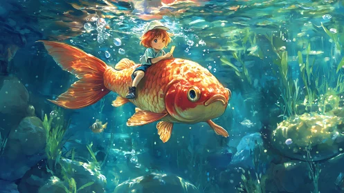 Child rides oversized goldfish through sunlit underwater scene