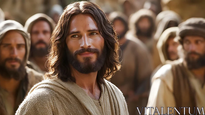 Bearded teacher walks among followers in warm desert light.