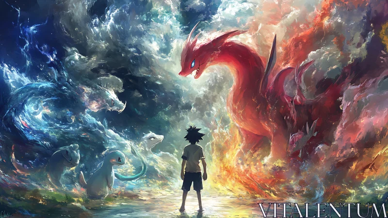 Young trainer stands between swirling fire and water spirits.