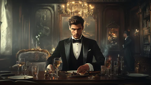 Formally dressed man dines under chandelier in ornate, dim baroque interior