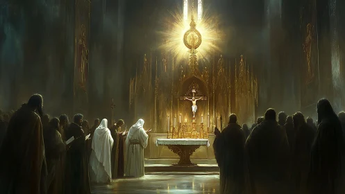 Monks hold candlelit mass before radiant crucifix altar