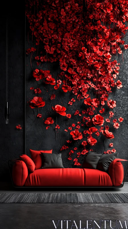 Sculptural red florals cascade above minimalist crimson sofa