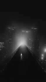 Pedestrian bridge extends into bright fog between city towers