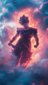Fiery anime warrior floating in glowing storm clouds.