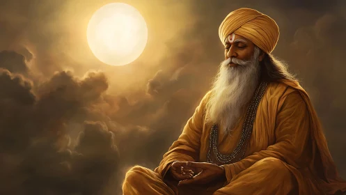 Mystic sage in moonlit meditation amid swirling clouds.