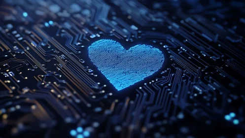 Neon circuitry heart pulses with data bright against midnight board.