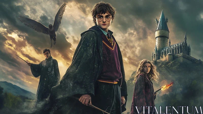 Three young wizards stand before a distant gothic castle