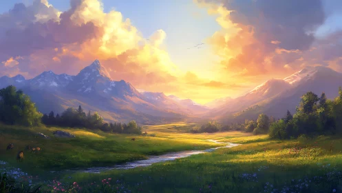 Golden sunrise pours over tranquil valley and distant peaks