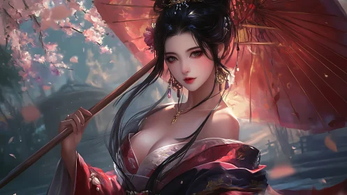 Digital portrait of woman in ornate robe with parasol.