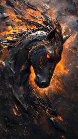 Molten black horse head emerging from fragmented lava field.