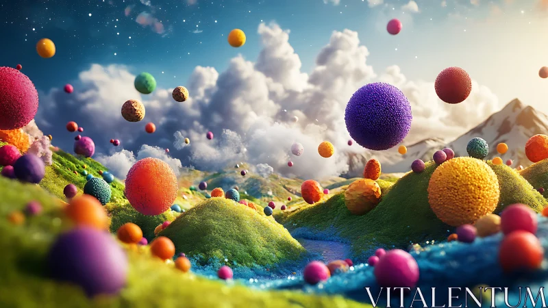 Chromatic microterrain with levitating textured spheres in flux.