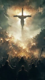 Radiant crucifixion scene rising above a storm of shadows.