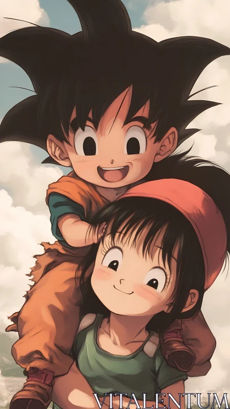 Anime children in warm backlit portrait with soft cloudscape